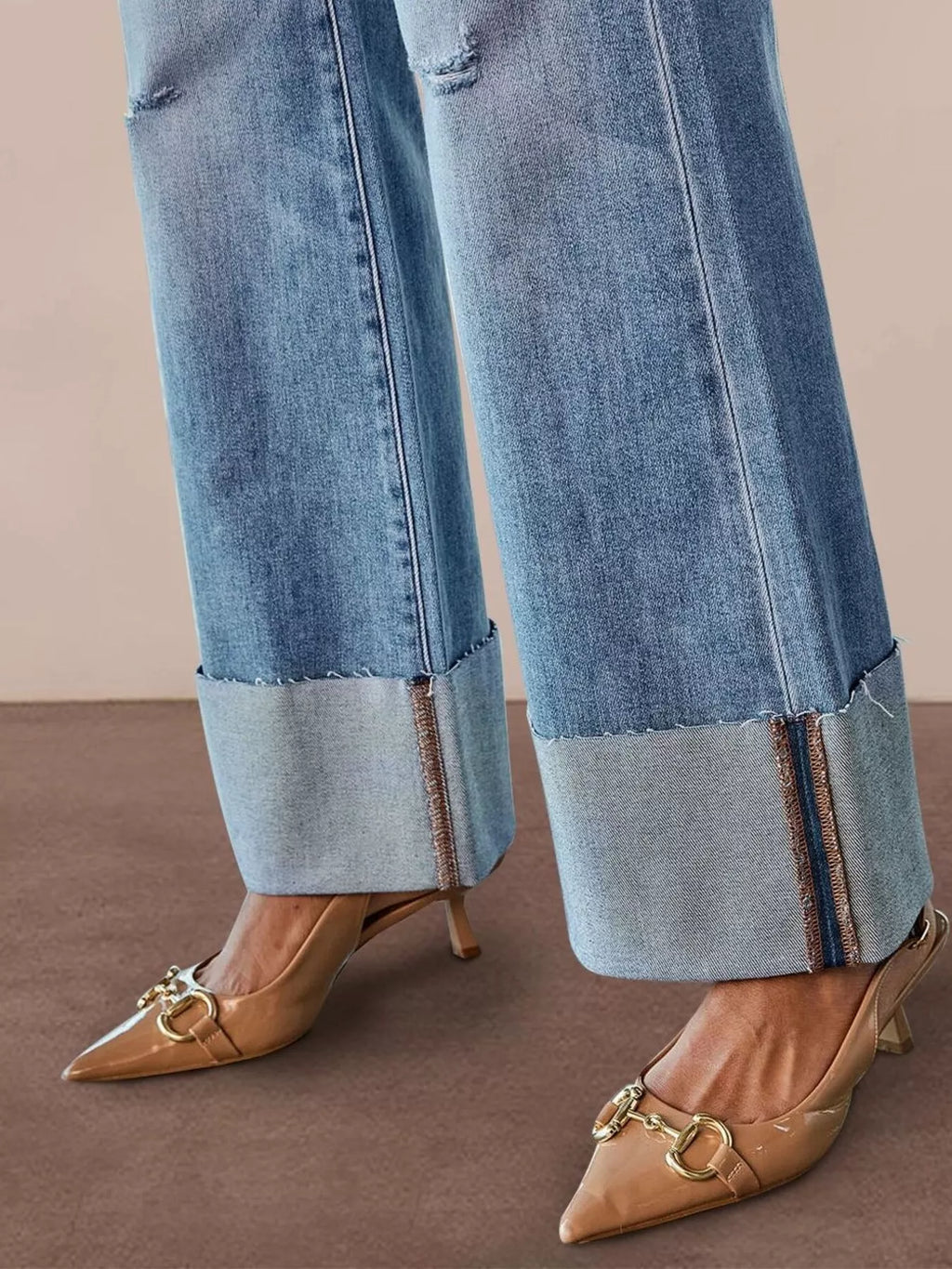 Women's Distressed High-Waisted Wide Cuff Flare Jeans