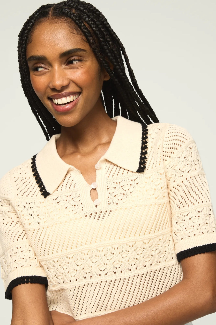 [167220-110] WOMENS LUCKY BRAND LACE POLO SWEATER TEE - WHITECAP GRAY