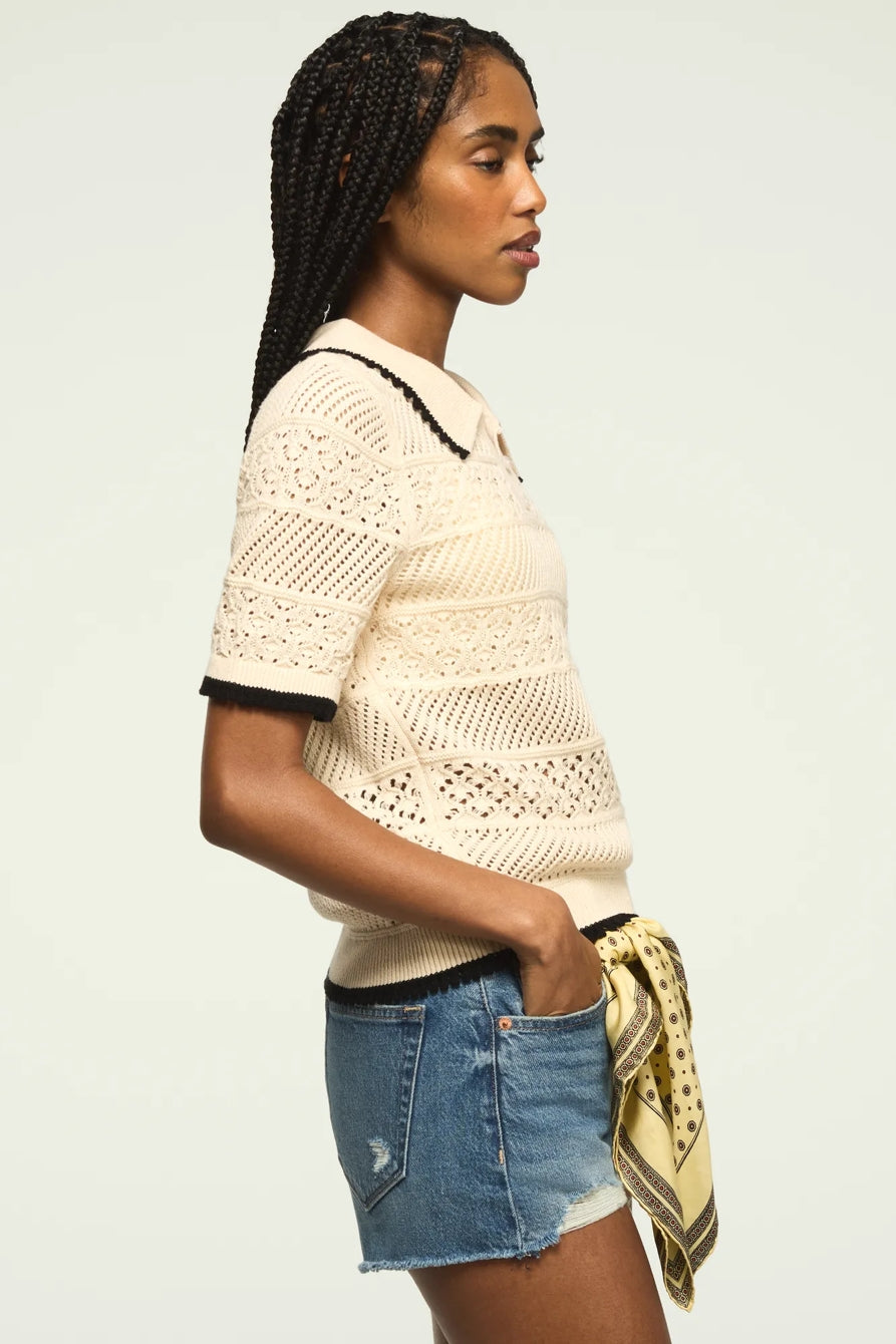 [167220-110] WOMENS LUCKY BRAND LACE POLO SWEATER TEE - WHITECAP GRAY