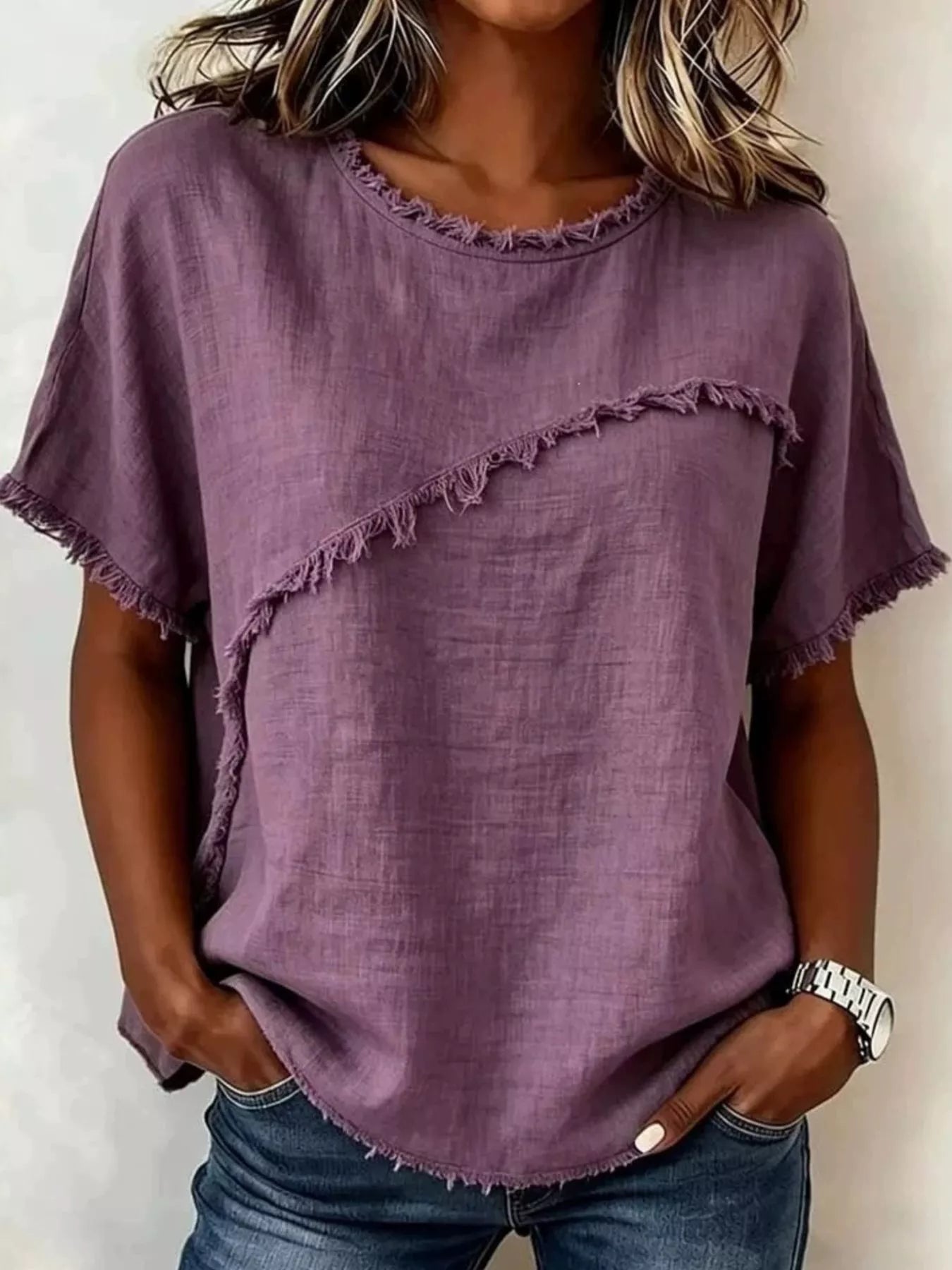 Full Size Frayed Hem Short Sleeve Top Plus Size