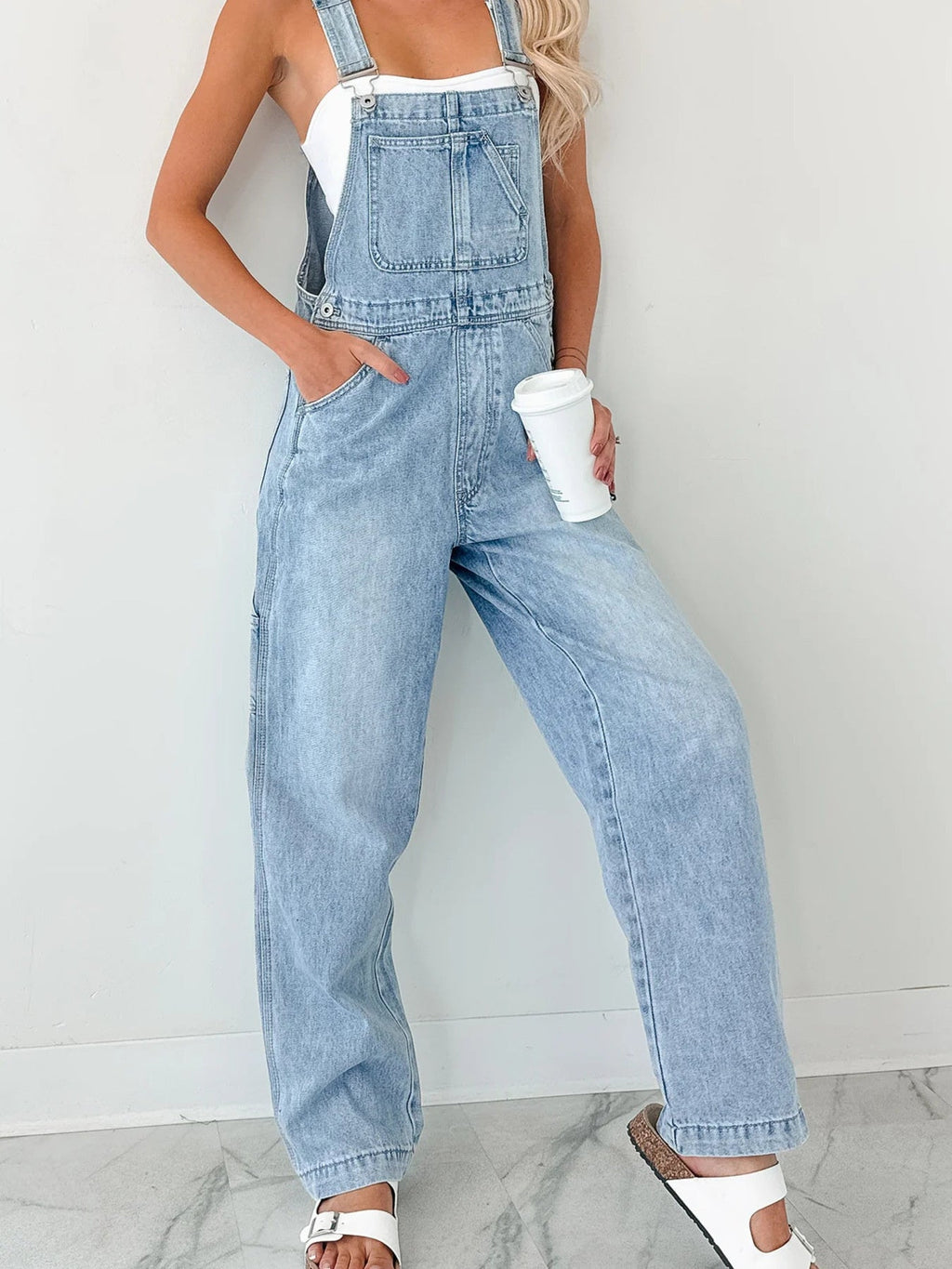Wide Strap Relaxed Fit Light Blue Denim Overalls