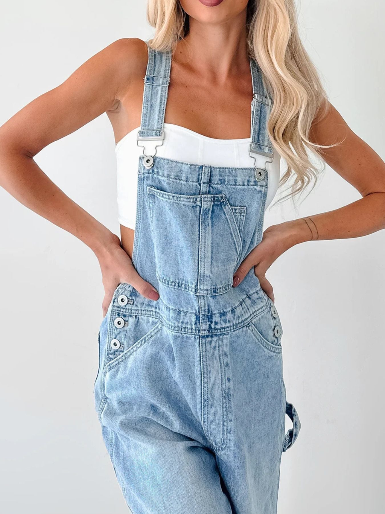 Wide Strap Relaxed Fit Light Blue Denim Overalls
