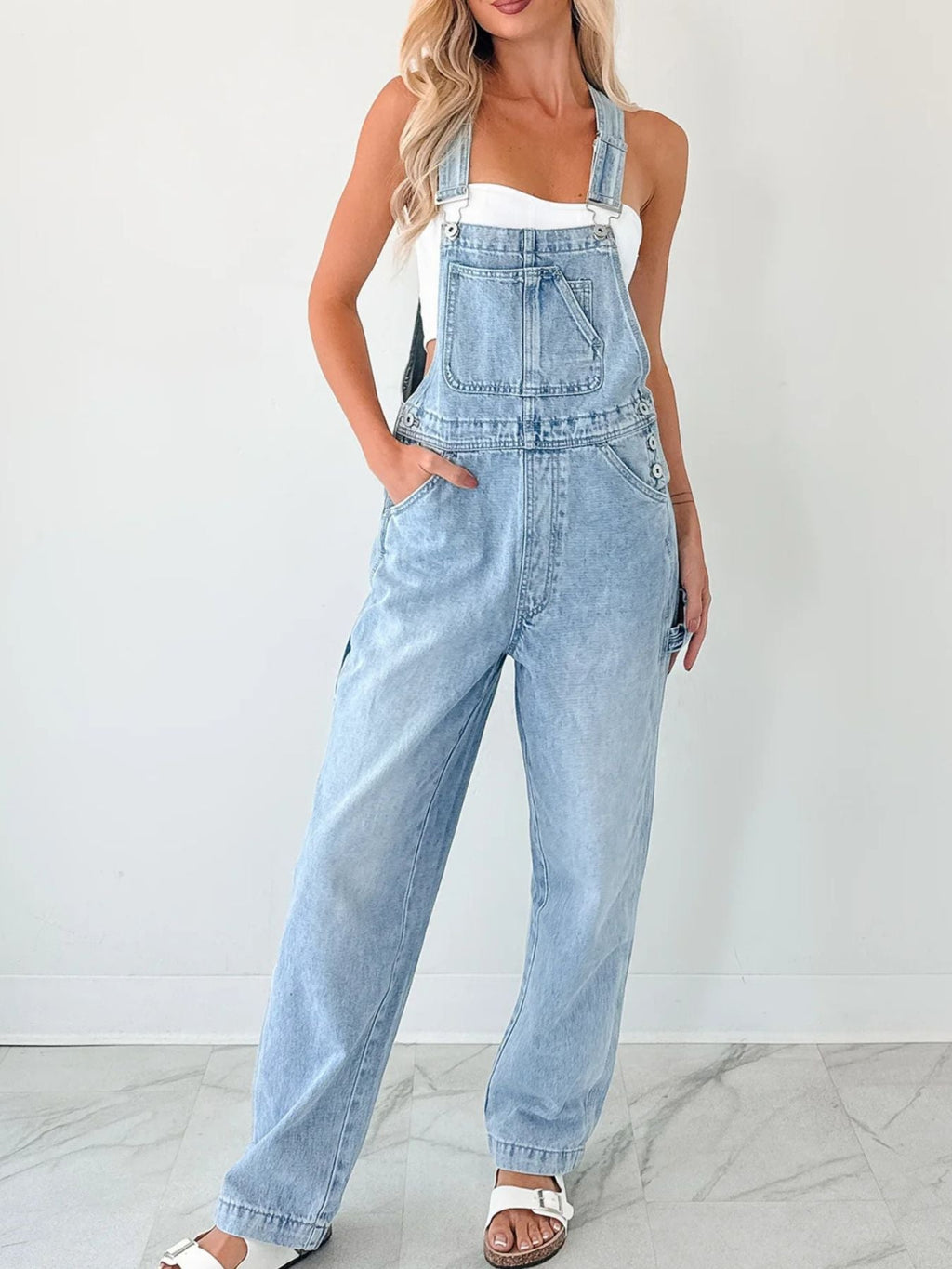 Wide Strap Relaxed Fit Light Blue Denim Overalls