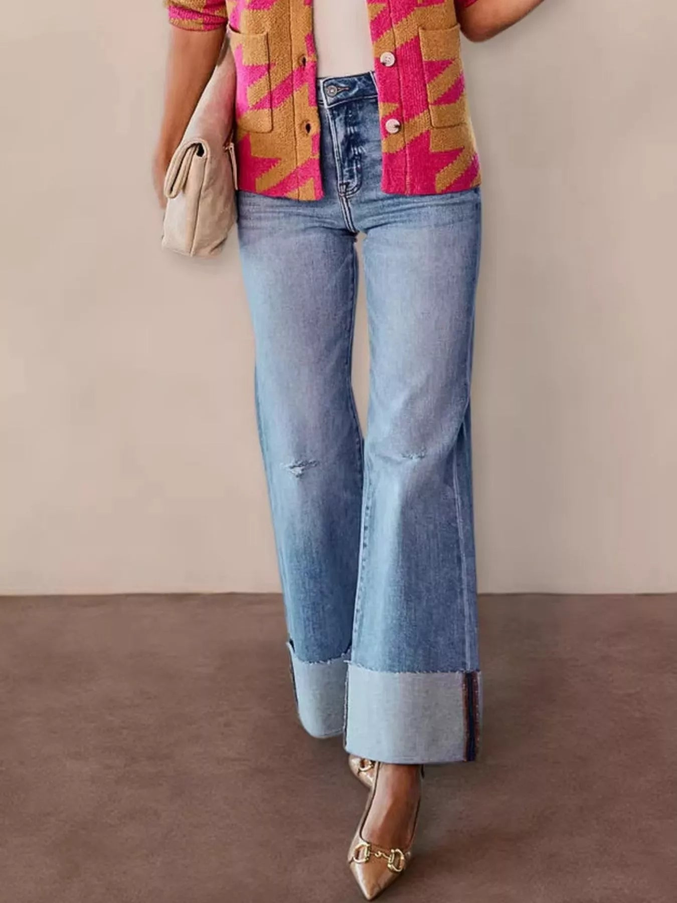 Women's Distressed High-Waisted Wide Cuff Flare Jeans