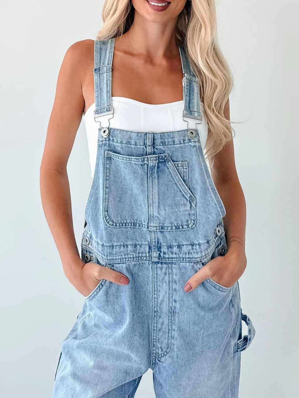 Wide Strap Relaxed Fit Light Blue Denim Overalls
