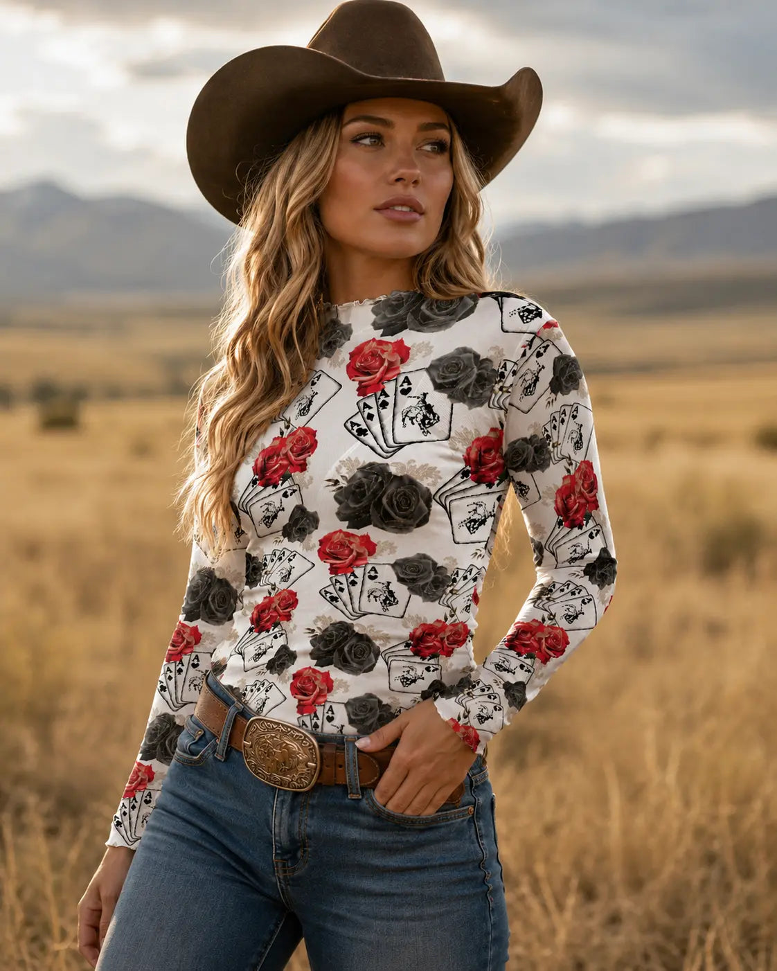Ace Of Roses Long Sleeve Mesh Top