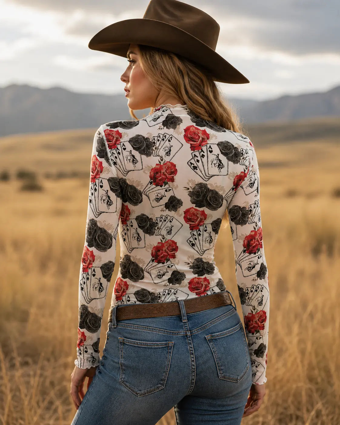 Ace Of Roses Long Sleeve Mesh Top