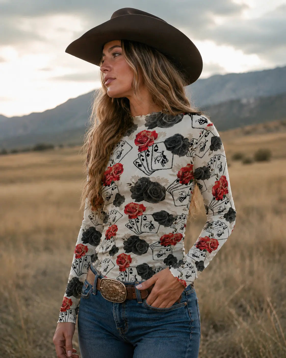 Ace Of Roses Long Sleeve Mesh Top