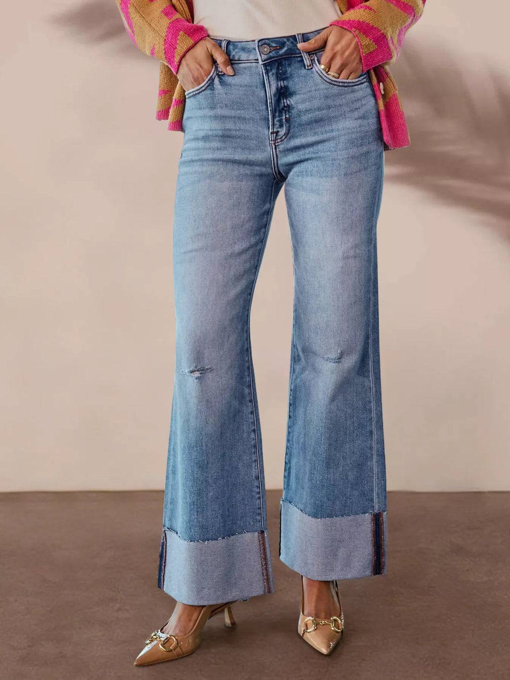 Women's Distressed High-Waisted Wide Cuff Flare Jeans